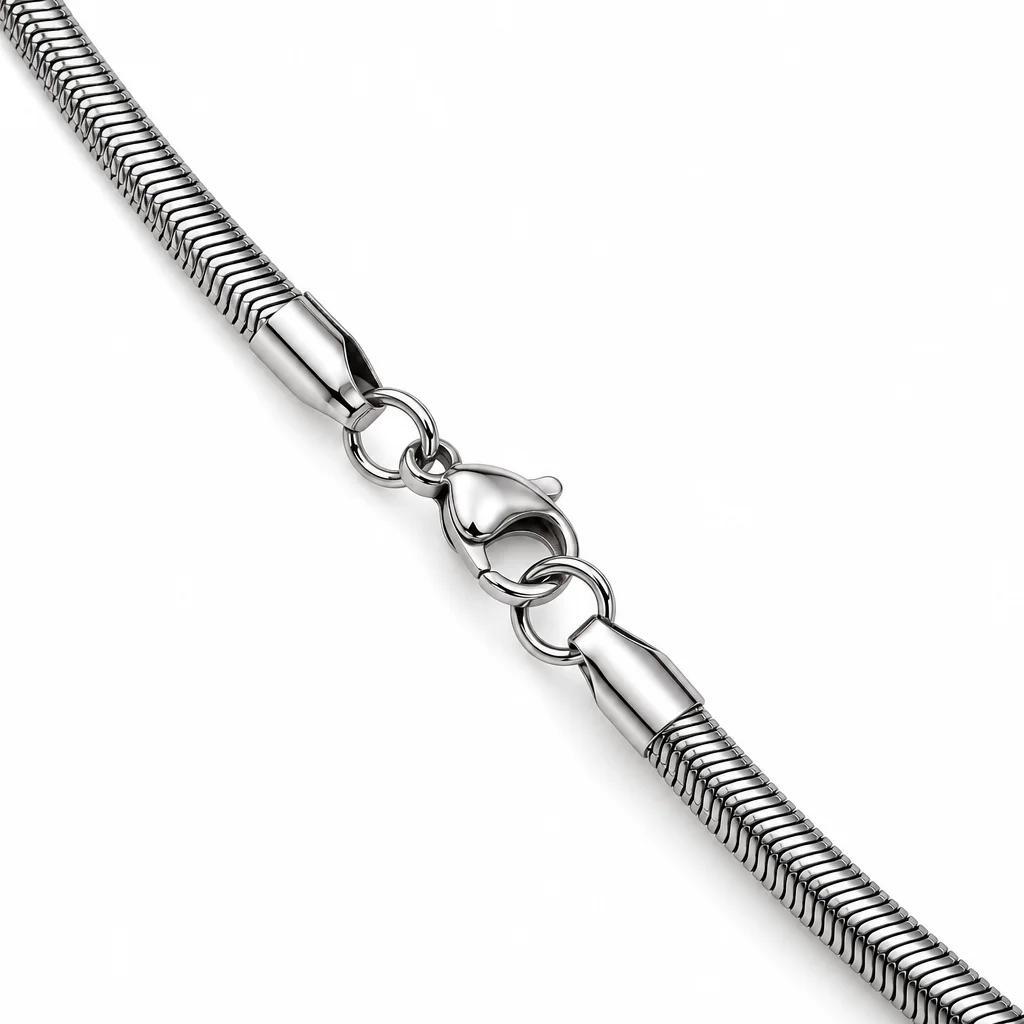 Lanț argintiu tubular de tip snake, lucios, cu capete netede și închidere cu carabină [5]
