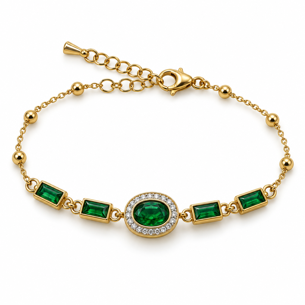 Brățară aurie cu oval verde, pietre transparente, pietre verzi dreptunghiulare și bile pe lanț [4]