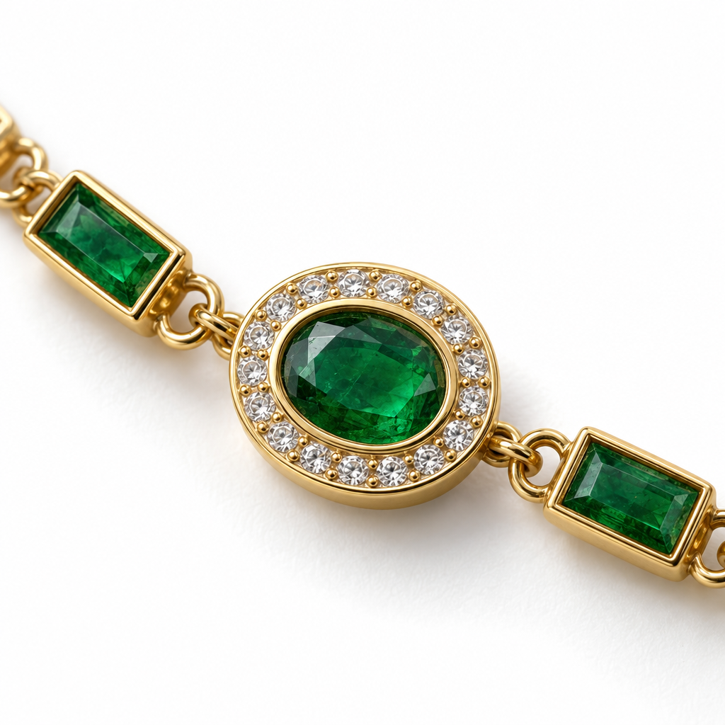 Brățară aurie cu oval verde, pietre transparente, pietre verzi dreptunghiulare și bile pe lanț [3]
