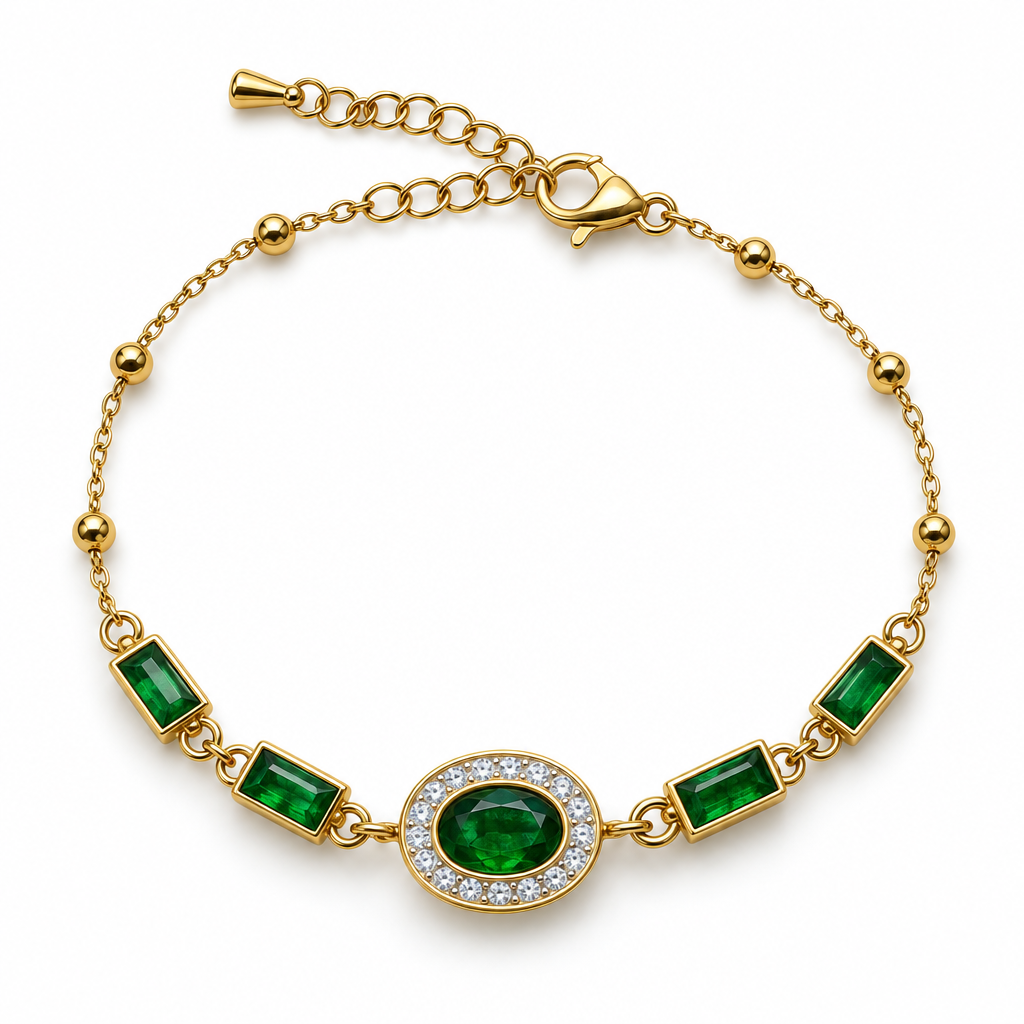 Bratari - Brățară aurie cu oval verde, pietre transparente, pietre verzi dreptunghiulare și bile pe lanț