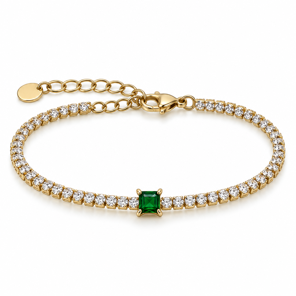 Brățară tennis aurie cu pietre transparente rotunde și zirconiu cubic verde pătrat în centru [4]