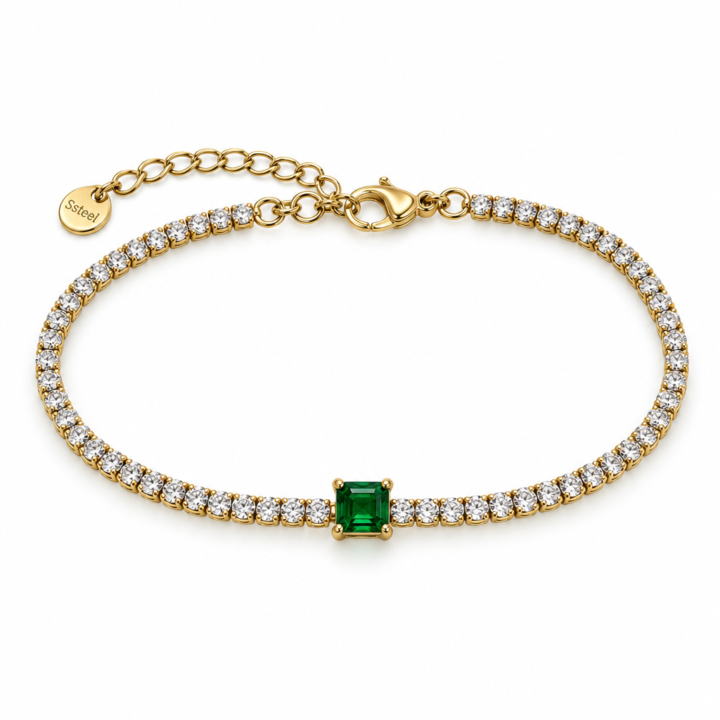 Bratari - Brățară tennis aurie cu pietre transparente rotunde și zirconiu cubic verde pătrat în centru