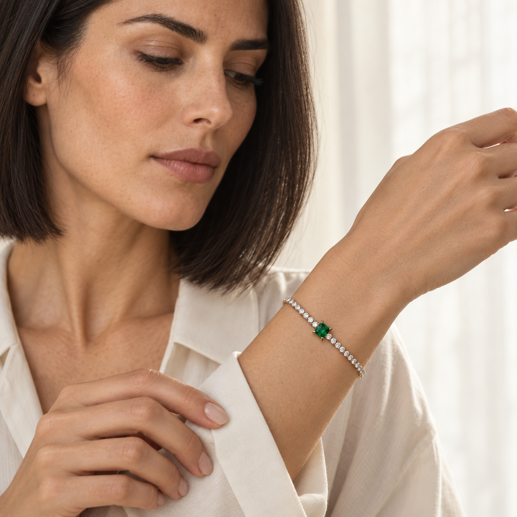Brățară tennis aurie cu pietre transparente rotunde și zirconiu cubic verde pătrat în centru [1]