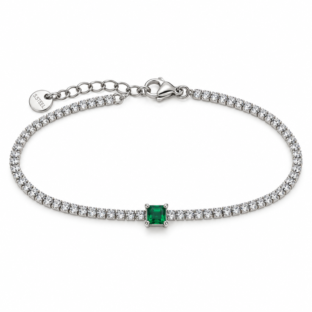 Bratari - Brățară tennis argintie cu pietre transparente rotunde și piatră verde pătrată în centru