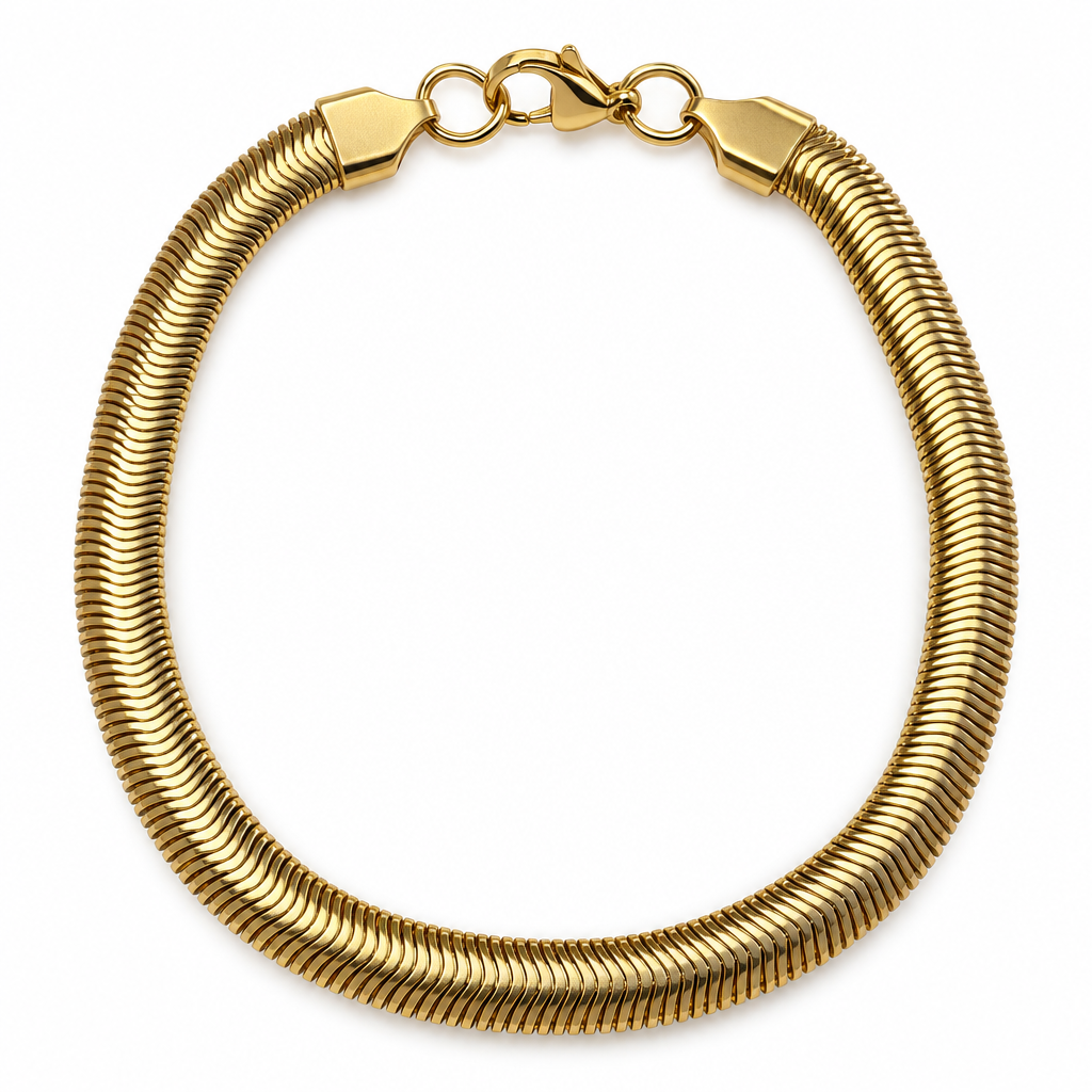Bratari - Brățară aurie cu lanț tubular tip șarpe, dungi dese și închidere cu carabină