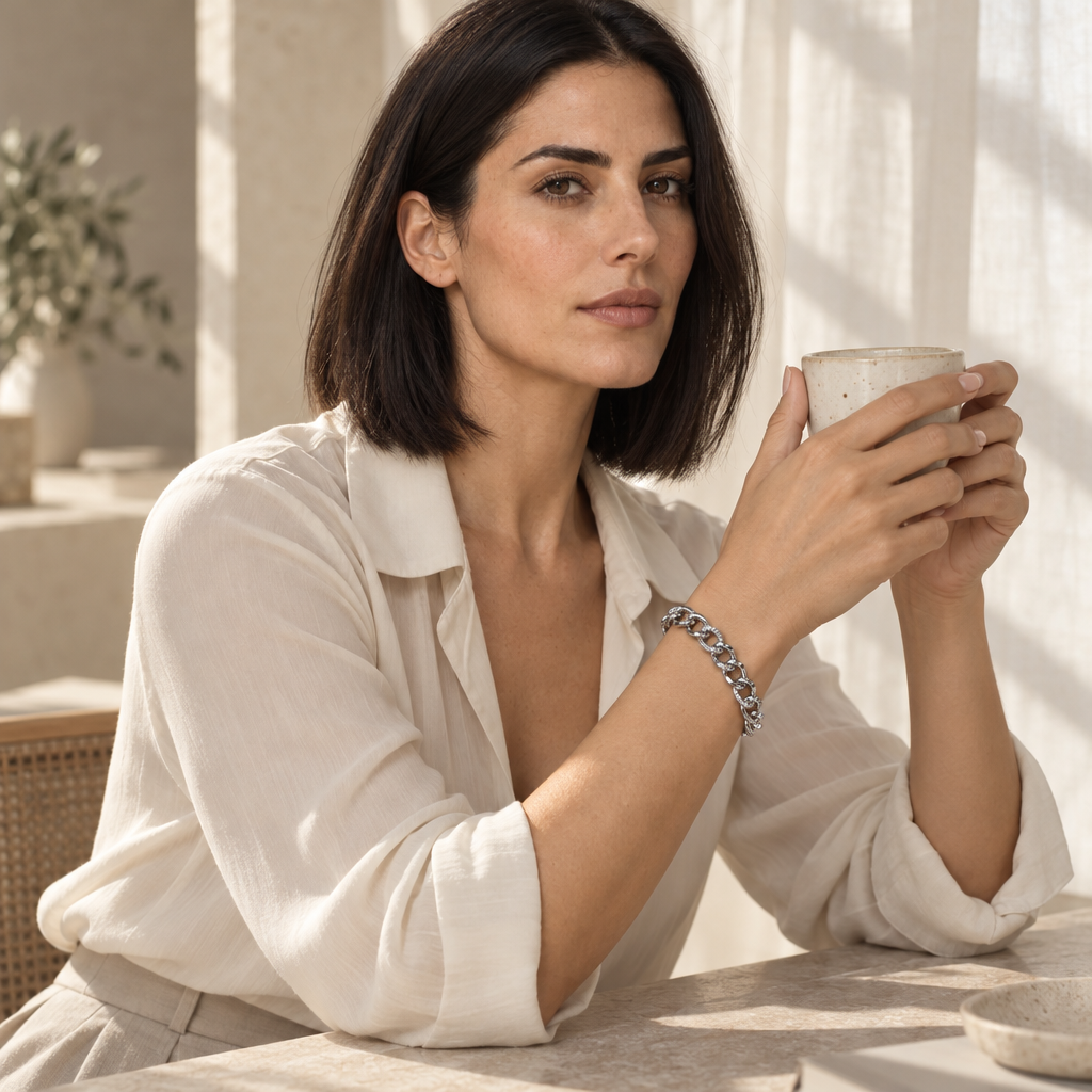 Brățară cubaneză argintie cu zale ovale lucioase alternate cu pietre transparente [5]