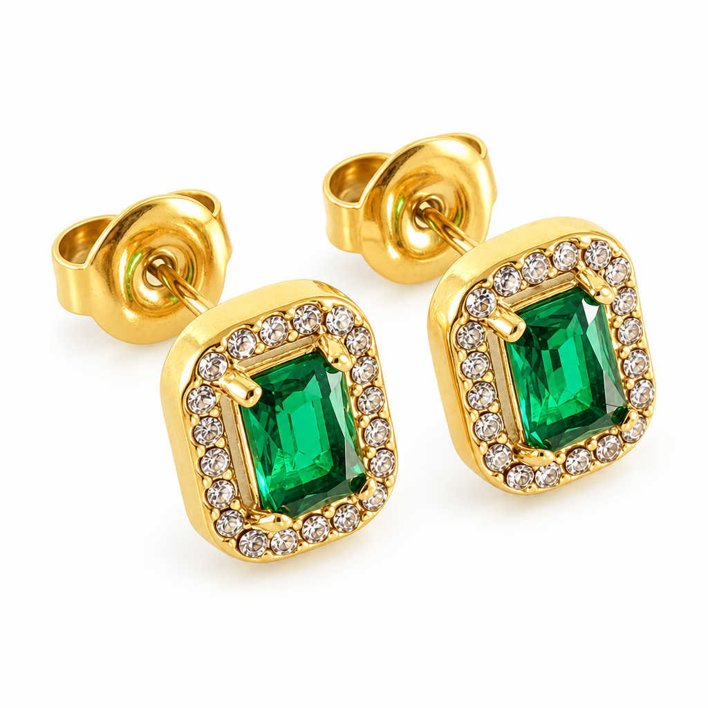 Cercei tip surub - Cercei aurii cu zirconiu cubic verde dreptunghiular și contur de pietre transparente