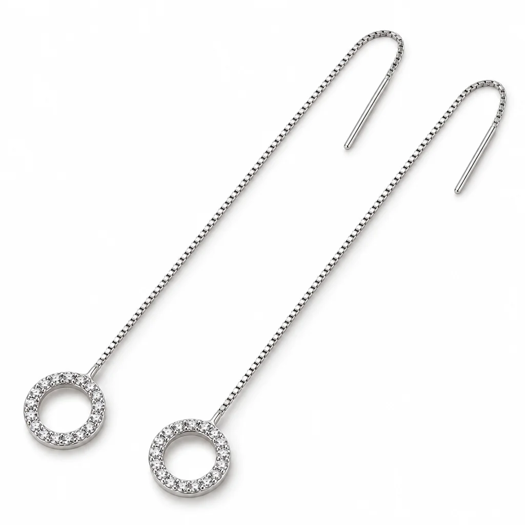 Cercei lungi argintii cu lanțuri fine și cercuri cu zirconiu cubic transparent [4]