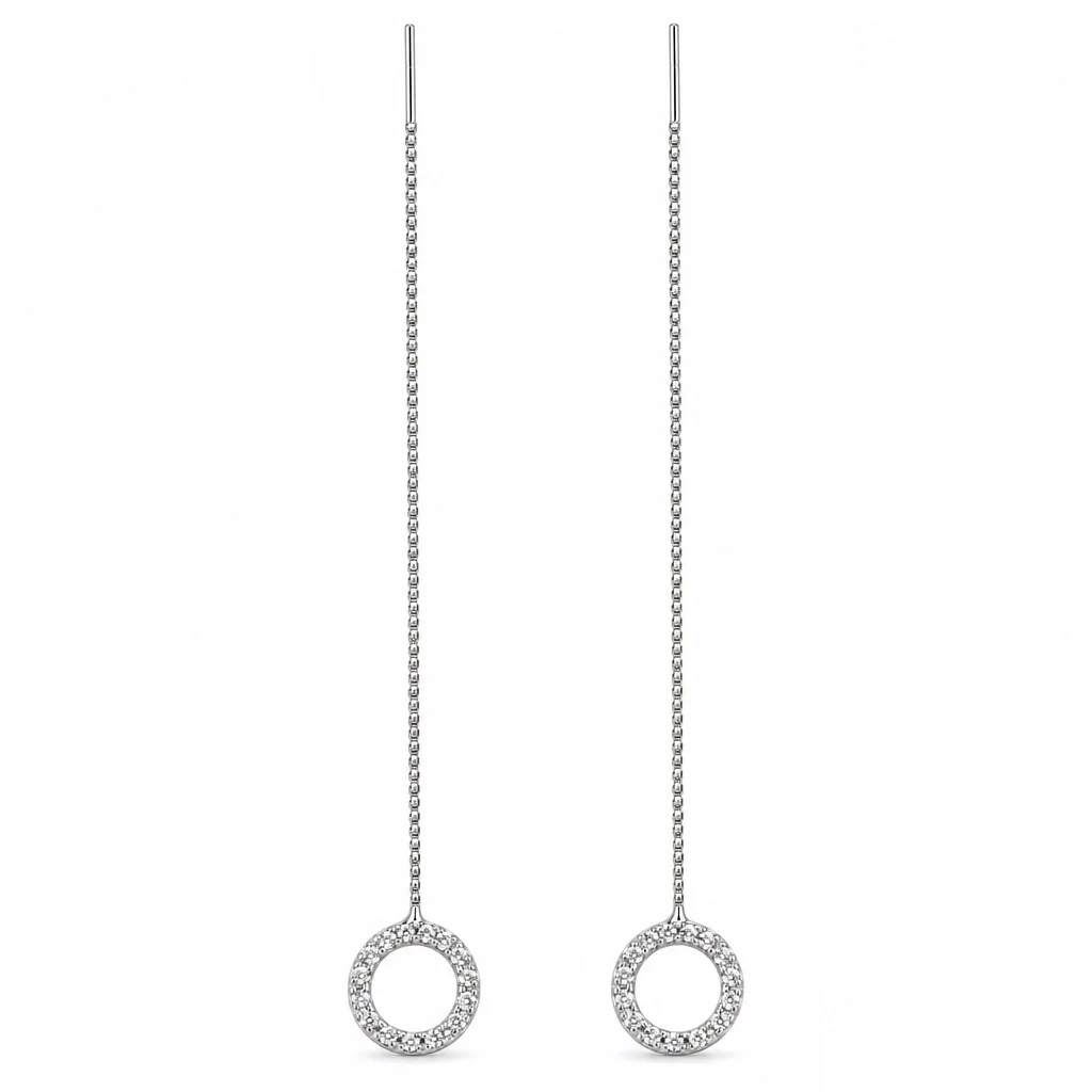 Argint 925 - Cercei lungi argintii cu lanțuri fine și cercuri cu zirconiu cubic transparent