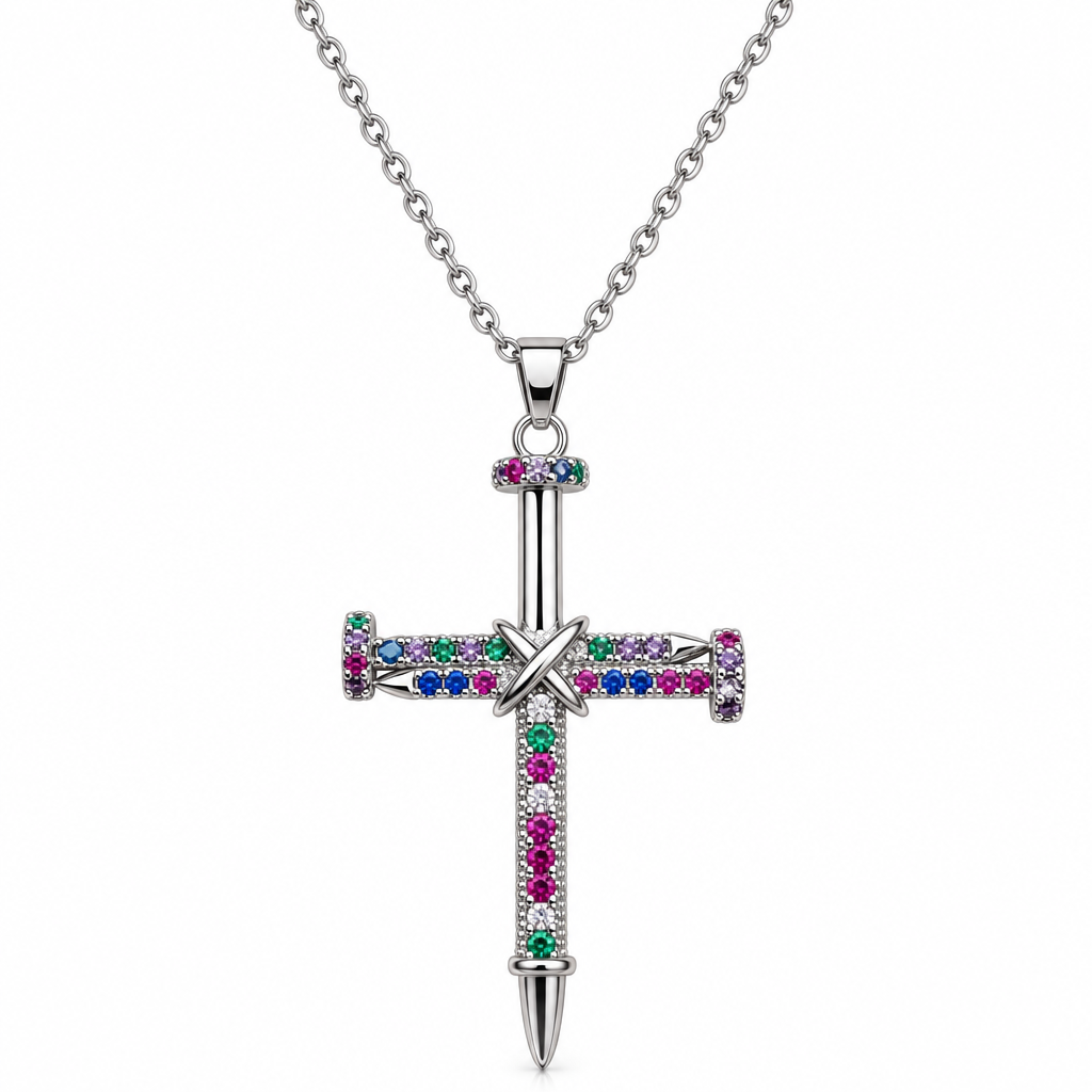 Coliere - Colier argintiu cu pandantiv cruce stilizată și șiruri de zirconiu cubic multicolor