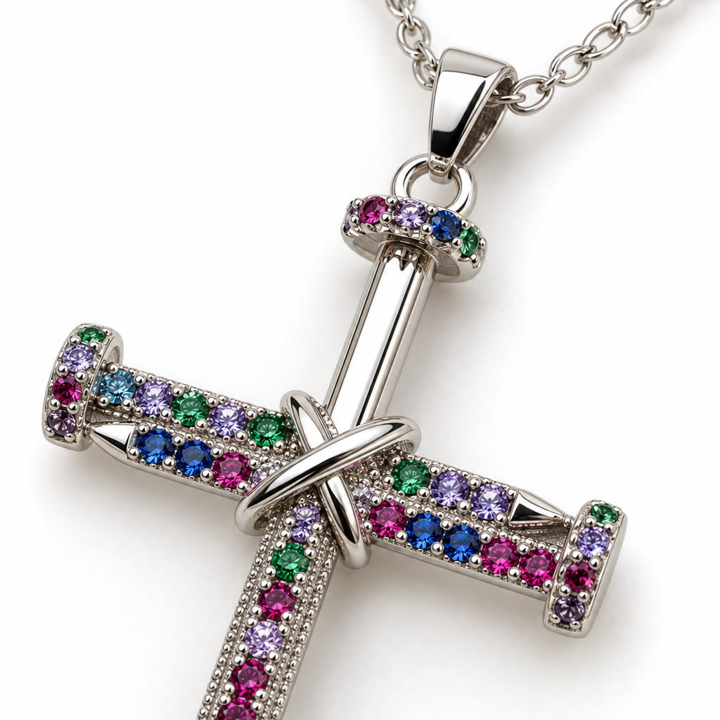 Colier argintiu cu pandantiv cruce stilizată și șiruri de zirconiu cubic multicolor [3]