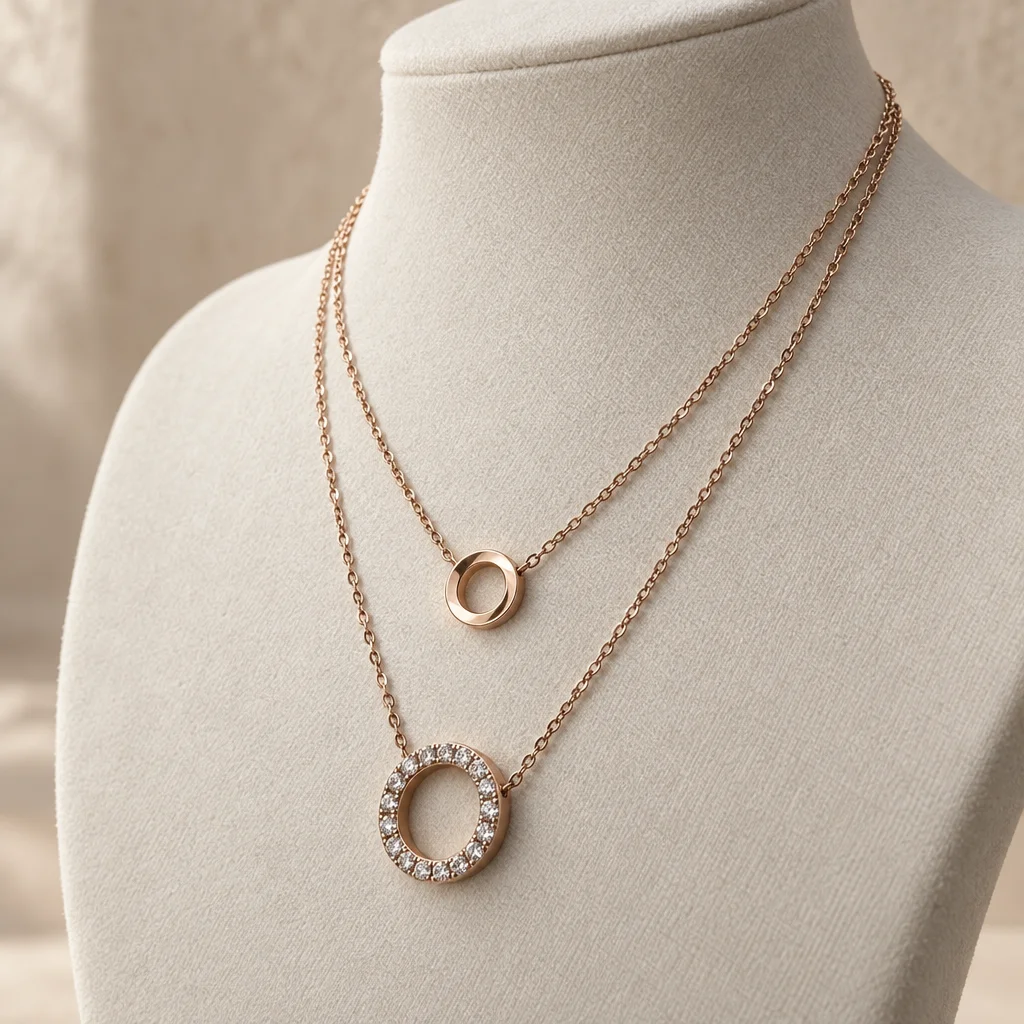 Colier rose gold cu două lanțuri fine, cerc neted și cerc cu pietre transparente [2]