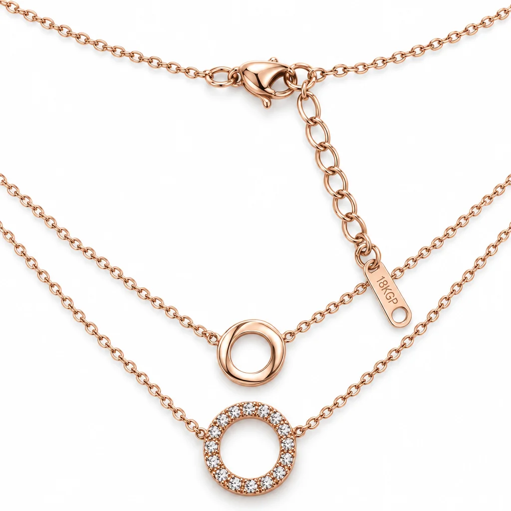 Colier rose gold cu două lanțuri fine, cerc neted și cerc cu pietre transparente [4]