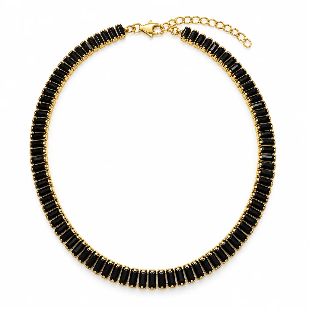 Chokere - Choker auriu cu șir de pietre negre dreptunghiulare în monturi lucioase