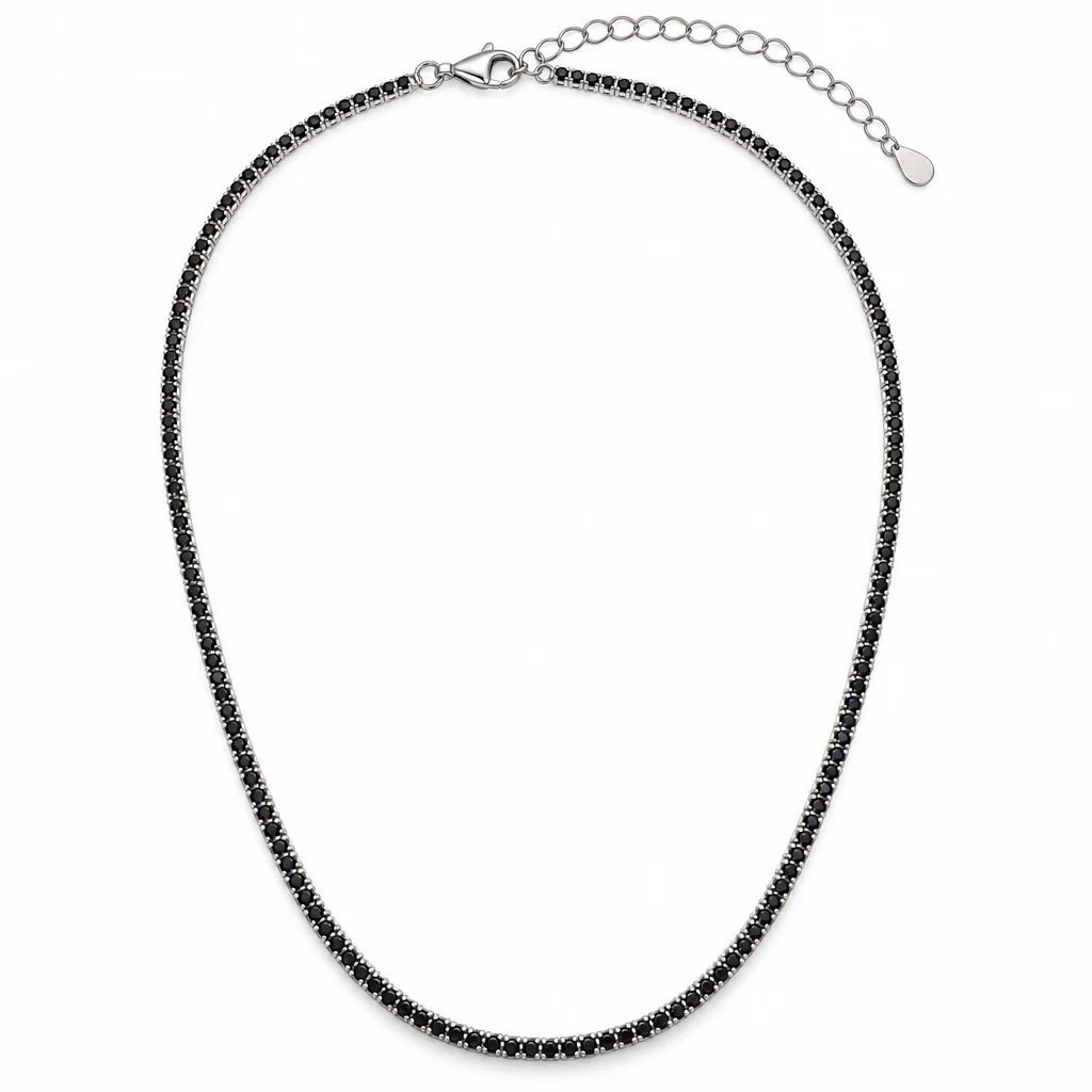 Argint 925 - Lănțișor argintiu cu șir continuu de zirconiu cubic negru și închidere cu carabină