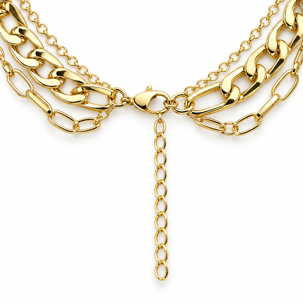 Colier auriu lucios cu rânduri suprapuse de zale și două motive cu patru lobi, cu pietre transparente [4]