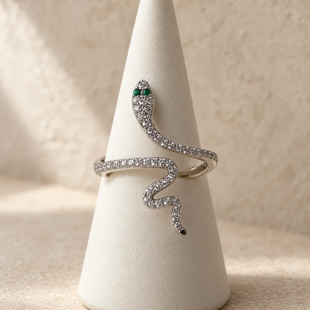 Inel argintiu lucios în formă de șarpe, cu două pietre verzi pe cap și pietre transparente pe corp [2]