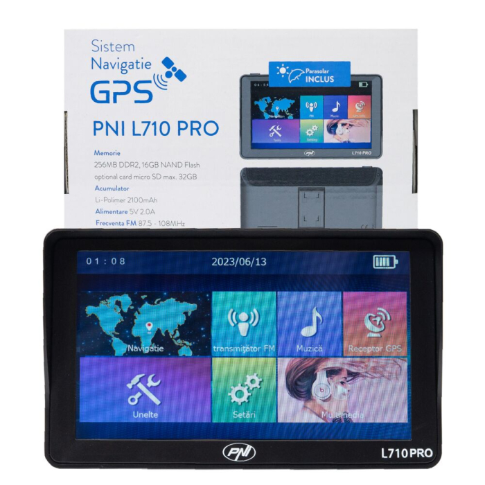 Sistem de navigatie GPS PNI L710 PRO cu parasolar, 7 inch, 800 MHz, 256MB DDR, 16GB memorie interna, FM transmitter, cu doua alimentatoare auto incluse [2]