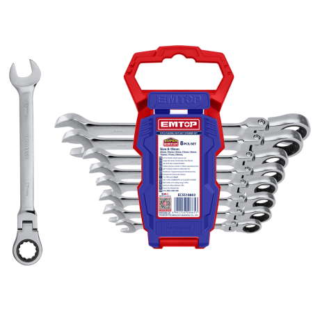Chei si truse chei - Set Chei Flexibile cu Clichet EMTOP ECSS10803, 8 Bucati, Unghi Reglabil 180°, Clichet Cr-Mo de Inalta Calitate, Dimensiuni 8-19 mm, Finisaj Lustruit, CR-V, Constructie robusta, Ideal pentru Reparatii 