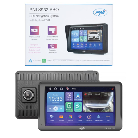 Sisteme de navigatie - Sistem de navigatie GPS cu DVR incorporat PNI S932 PRO ecran 7 inch, memorie 32 GB, 2GB DDR3 RAM, Android 13, FM transmitter, Mirror Link, Apple Carplay si Android Auto, camera de marsarier inclusa
