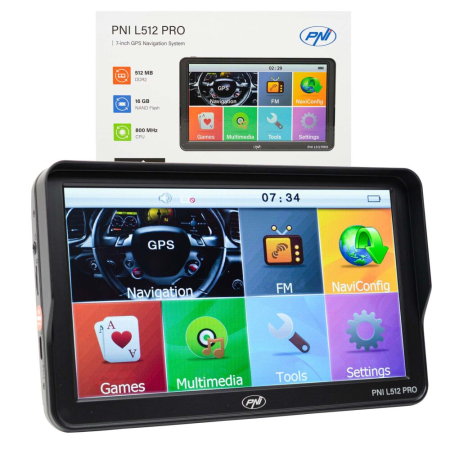 Sisteme de navigatie - Sistem de navigatie GPS PNI L512 PRO cu parasolar, 7 inch, 800 MHz, 512MB DDR, 16GB memorie interna, FM transmitter
