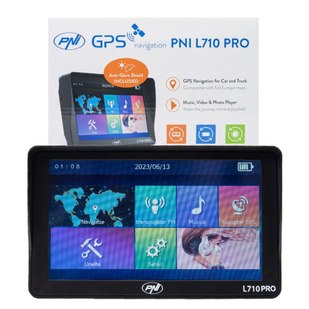 Sisteme de navigatie - Sistem de navigatie GPS PNI L710 PRO cu parasolar, 7 inch, 800 MHz, 256MB DDR, 16GB memorie interna, FM transmitter, cu doua alimentatoare auto incluse