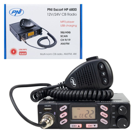 Statii radio & Detectoare radar - Statie radio CB PNI Escort HP 6800 ASQ, 12/24 V, MP3 player, mufa USB, 4W, AM-FM, mufa de bricheta inclusa