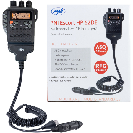 Statii radio & Detectoare radar - Statie radio CB portabila PNI Escort HP 62DE German version, multi standard, 4W, 12V, AM-FM, ASQ reglabil pe 5 niveluri, RF Gain pe 9 niveluri, Dual Watch, Scan, Lock