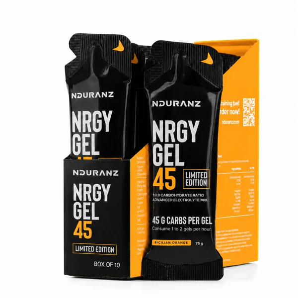 Geluri - Gel de carbohidrati cu aroma portocale siciliene, NDURANZ Prototype Nrgy Gel 45, amestec de electroliti, set 10x75g