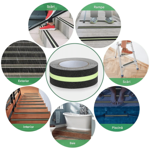 Benzi Autoadezive Utilitare - banda antiderapanta fosforescenta negru verde 5cm 5m Enzoria