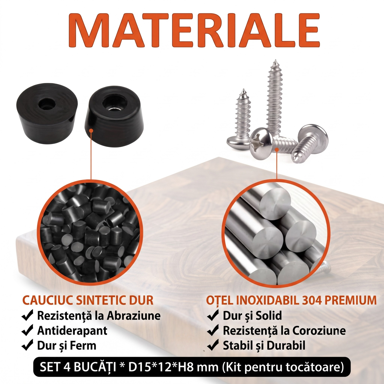 Set 4 Piciorușe Antiderapante din Cauciuc EpiCraft 15x8mm cu Șuruburi Inox 304 pentru Tocătoare Lemn [3]