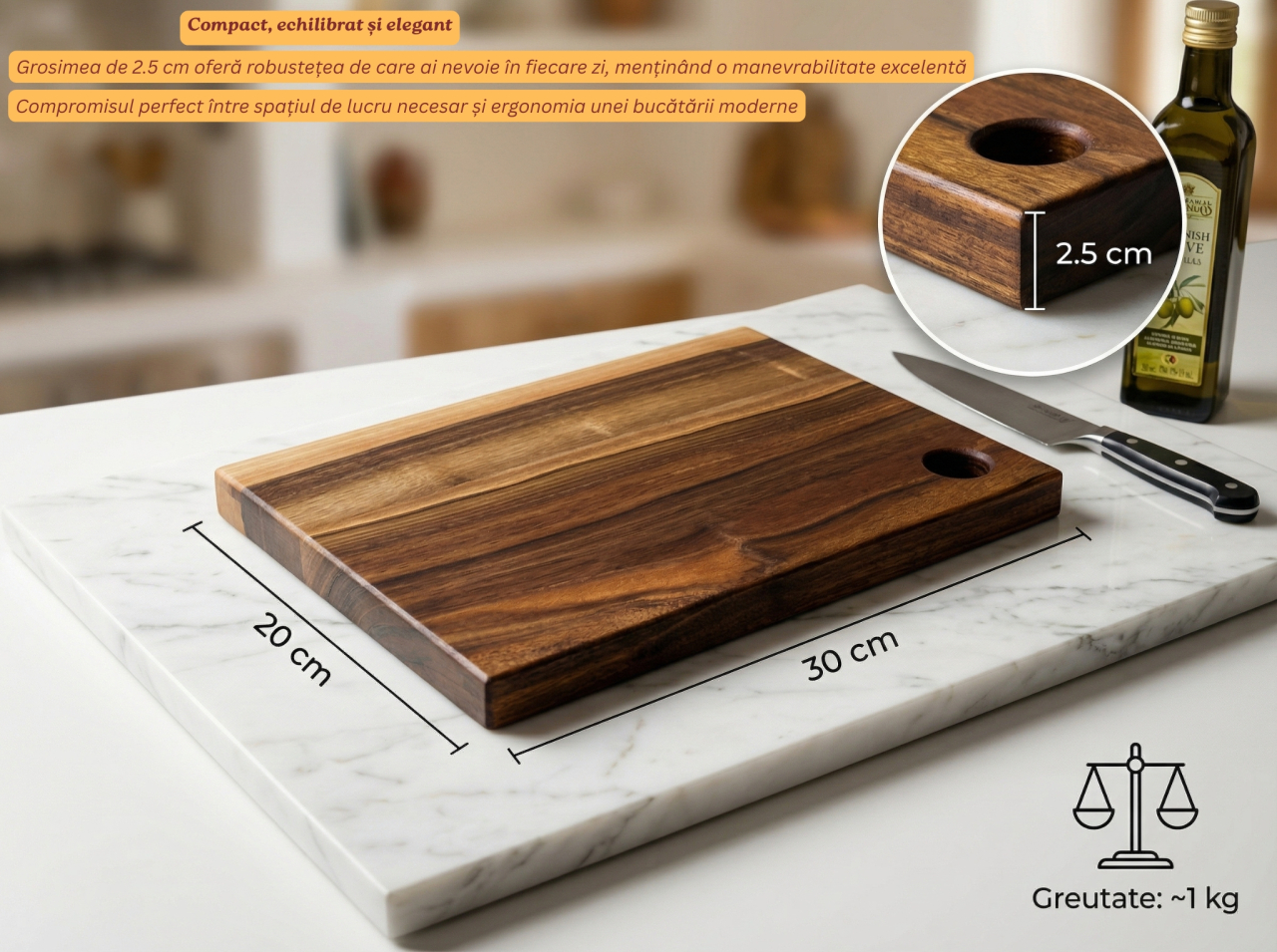 Tocator din lemn masiv de nuc european, Fund de bucatarie pentru taiat/servire, calitate superioara, 30x20 cm [2]