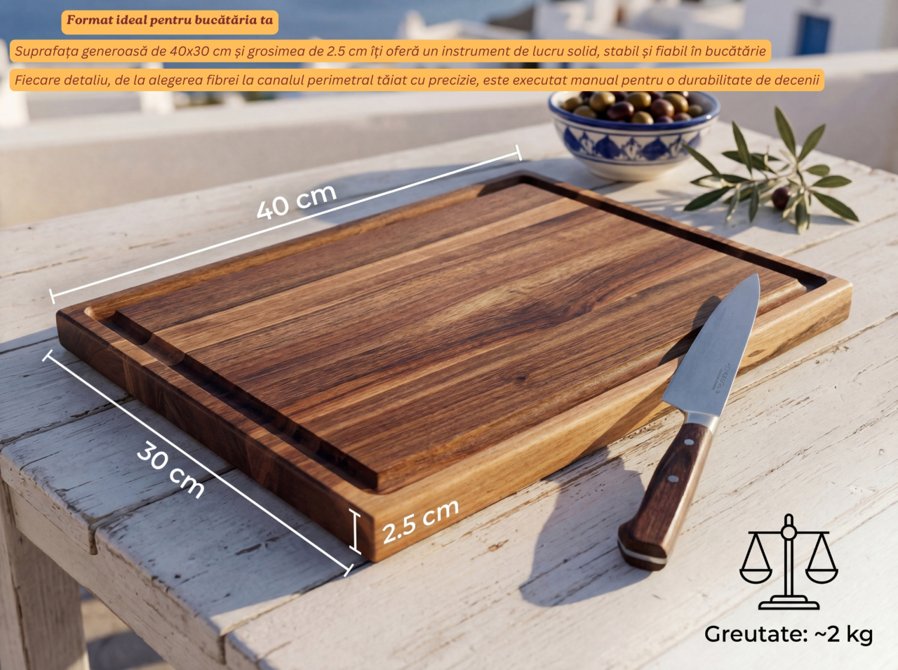 Tocator clasic din lemn masiv de nuc european 40x30x2.5 cm EpiCraft [2]