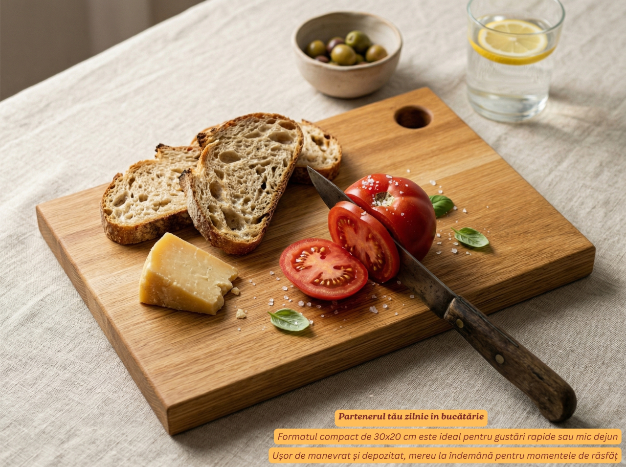 Tocator din lemn masiv de stejar EpiCraft, 30x20x2.5 cm, cu orificiu pentru agatare - Vedere Frontala [8]