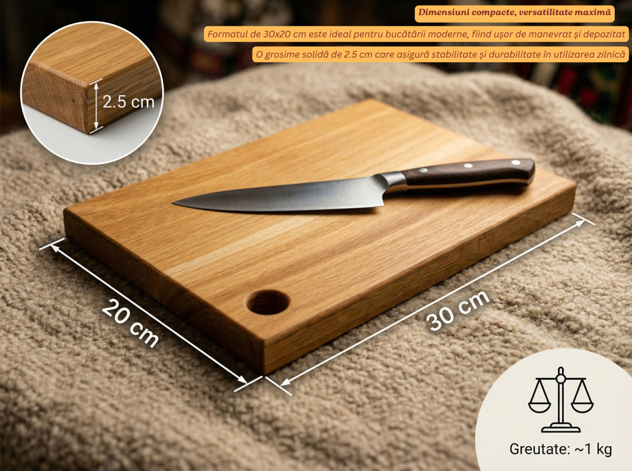 Tocator din lemn masiv de stejar EpiCraft, 30x20x2.5 cm, cu orificiu pentru agatare - Vedere Frontala [2]