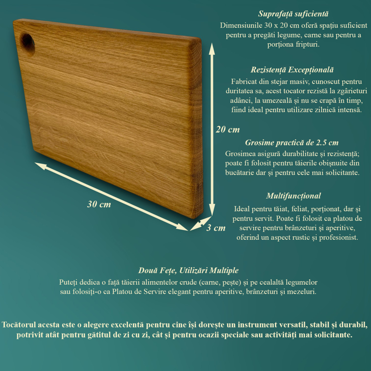 Tocator din lemn masiv de stejar, Fund de bucatarie pentru taiat/servire, calitate superioara, 30x20 cm [5]