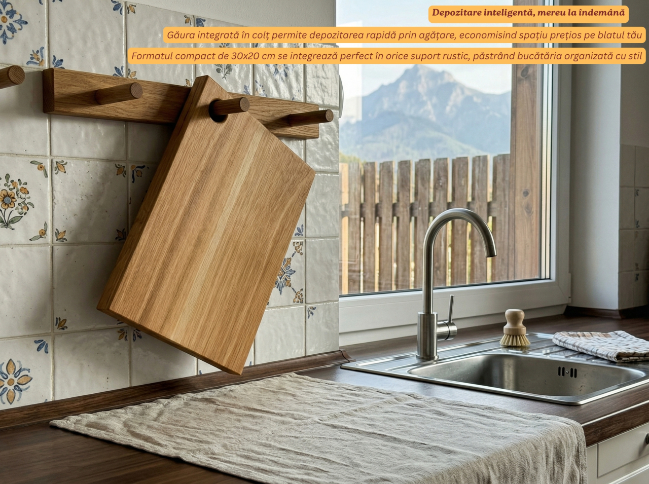 Tocator din lemn masiv de stejar EpiCraft, 30x20x2.5 cm, cu orificiu pentru agatare - Vedere Frontala [6]