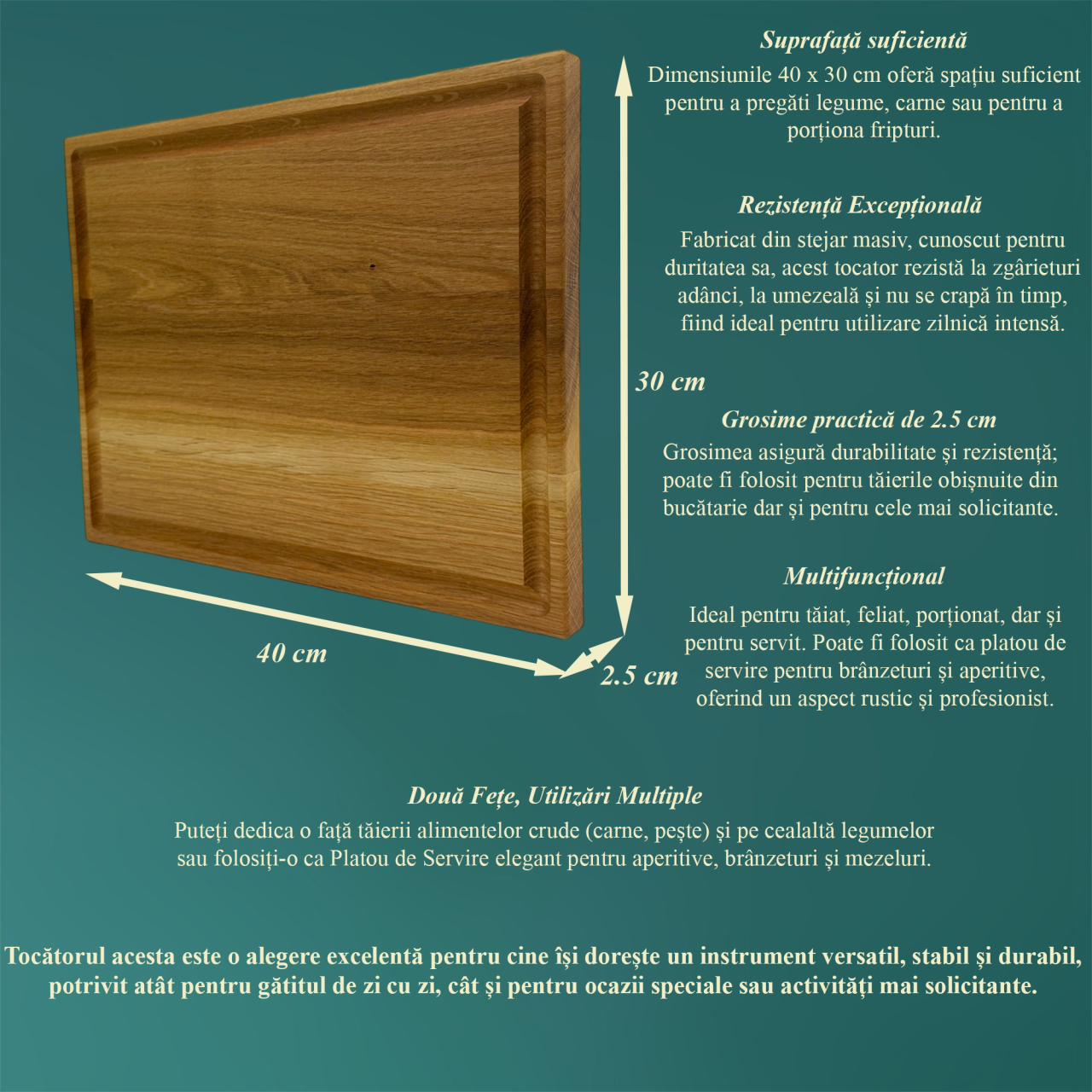 Tocator din lemn masiv de stejar, Fund de bucatarie pentru taiat/servire, calitate superioara, 40x30 cm [7]
