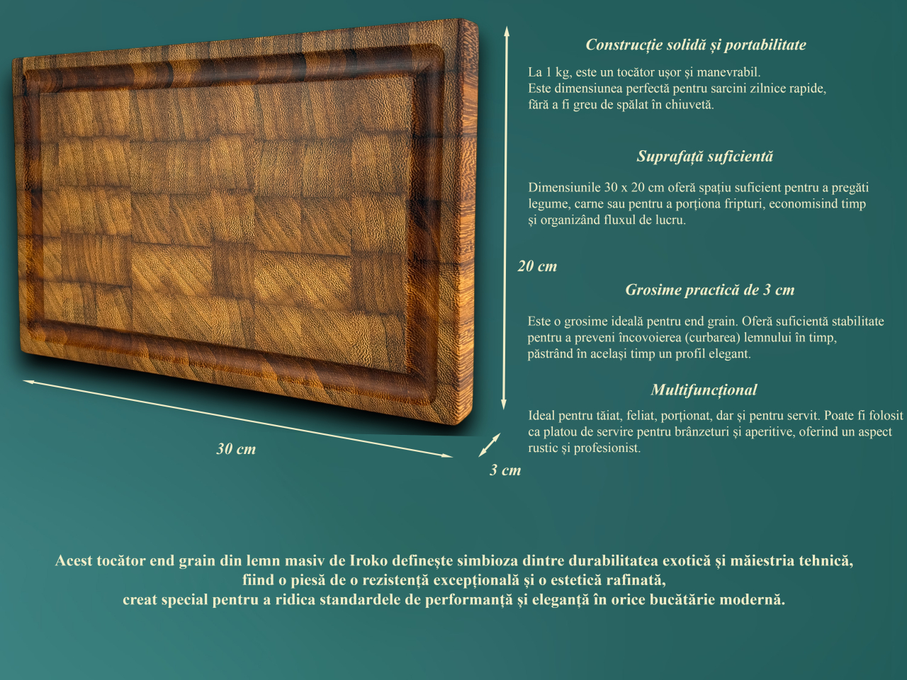 Tocator profesional de bucatarie, Fund din lemn exotic de iroko, Stil end grain, Super premium, 30x20x3 cm [5]