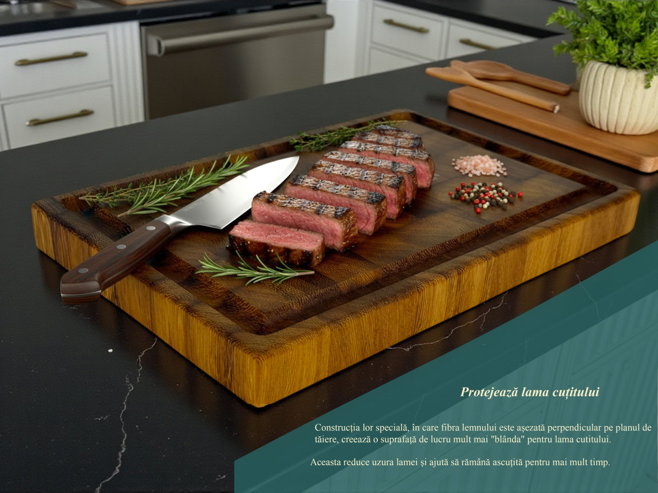 Tocator profesional de bucatarie, Fund din lemn exotic de iroko, Stil end grain, Super premium, 30x20x3 cm [8]