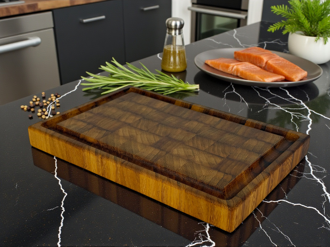 Tocator profesional de bucatarie, Fund din lemn exotic de iroko, Stil end grain, Super premium, 30x20x3 cm [9]