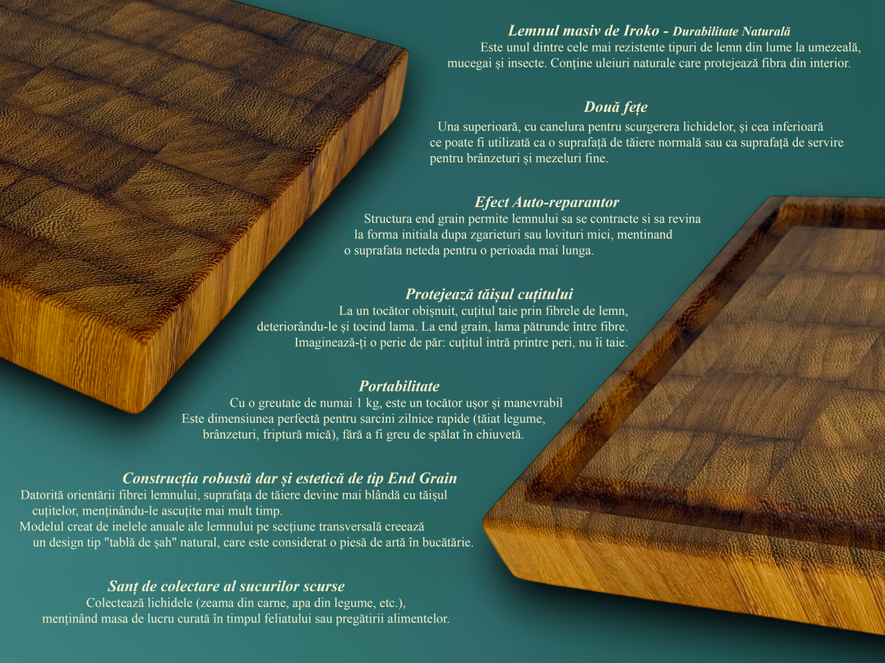 Tocator profesional de bucatarie, Fund din lemn exotic de iroko, Stil end grain, Super premium, 30x20x3 cm [4]