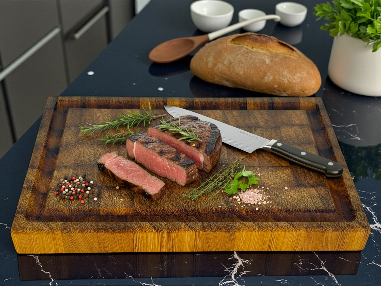 Tocator profesional de bucatarie, Fund din lemn exotic de iroko, Stil end grain, Super premium, 30x20x3 cm [3]