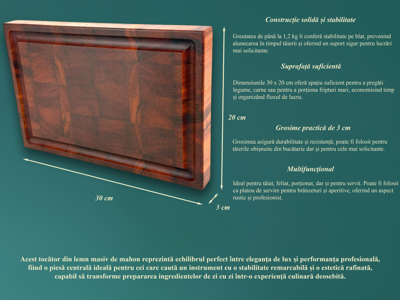 Tocator profesional de bucatarie, Fund din lemn exotic de mahon, Stil end grain, Super premium, 30x20x3 cm [5]