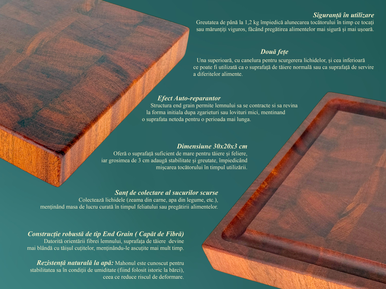 Tocator profesional de bucatarie, Fund din lemn exotic de mahon, Stil end grain, Super premium, 30x20x3 cm [4]