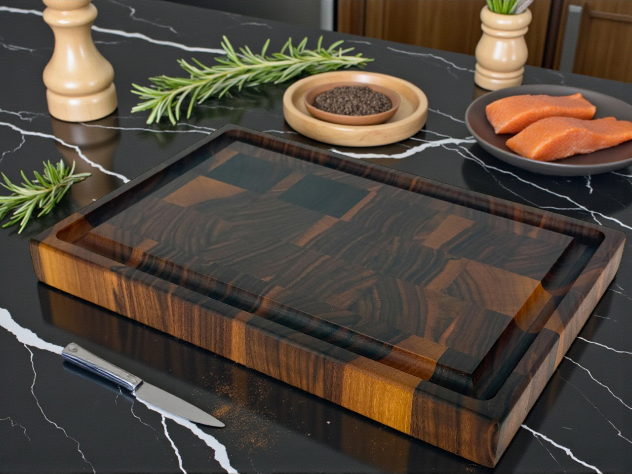 Tocator profesional de bucatarie, Fund din lemn masiv de nuc american, Stil end grain, Super premium, 30x20x3 cm [9]