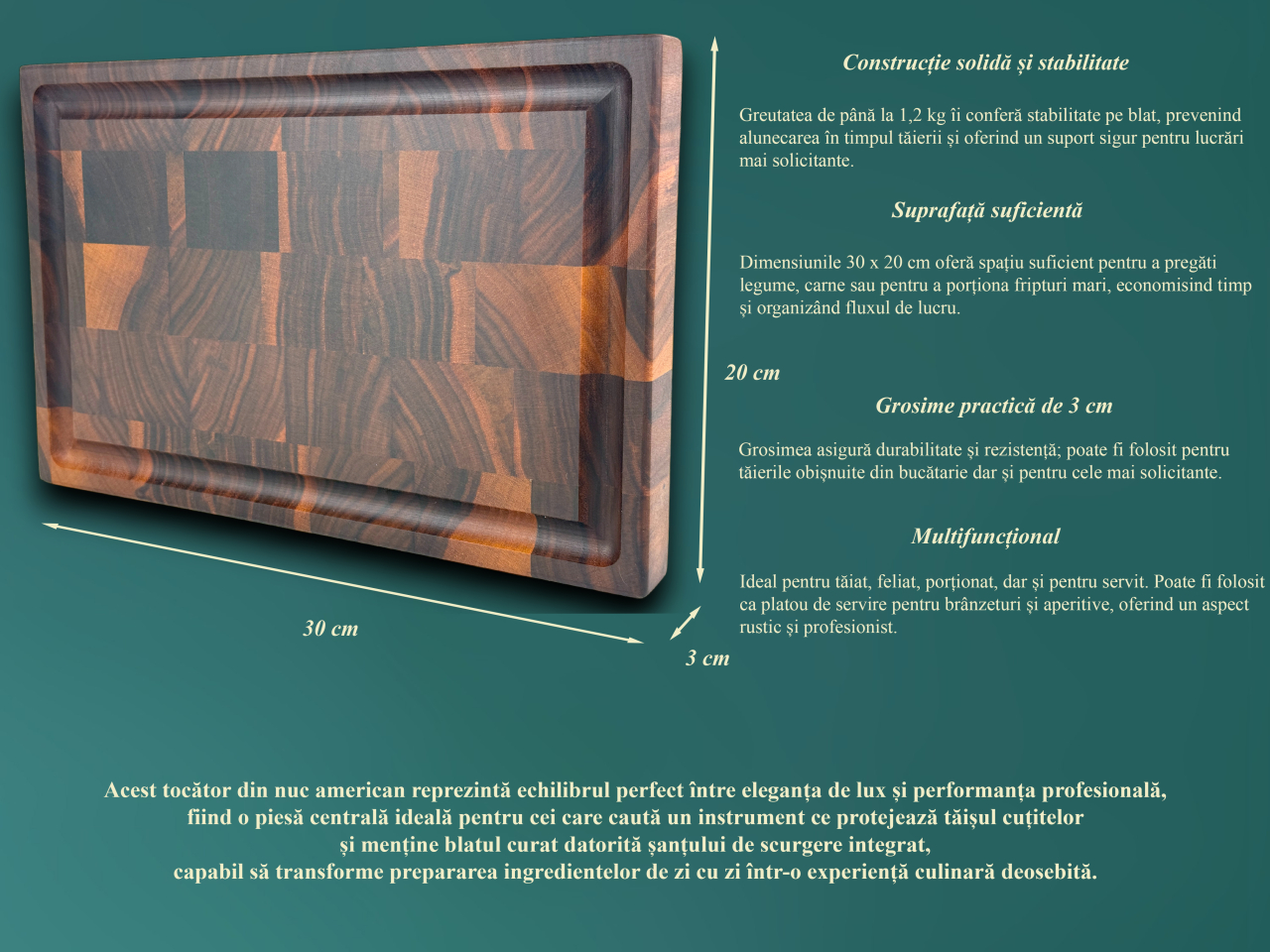 Tocator profesional de bucatarie, Fund din lemn masiv de nuc american, Stil end grain, Super premium, 30x20x3 cm [5]