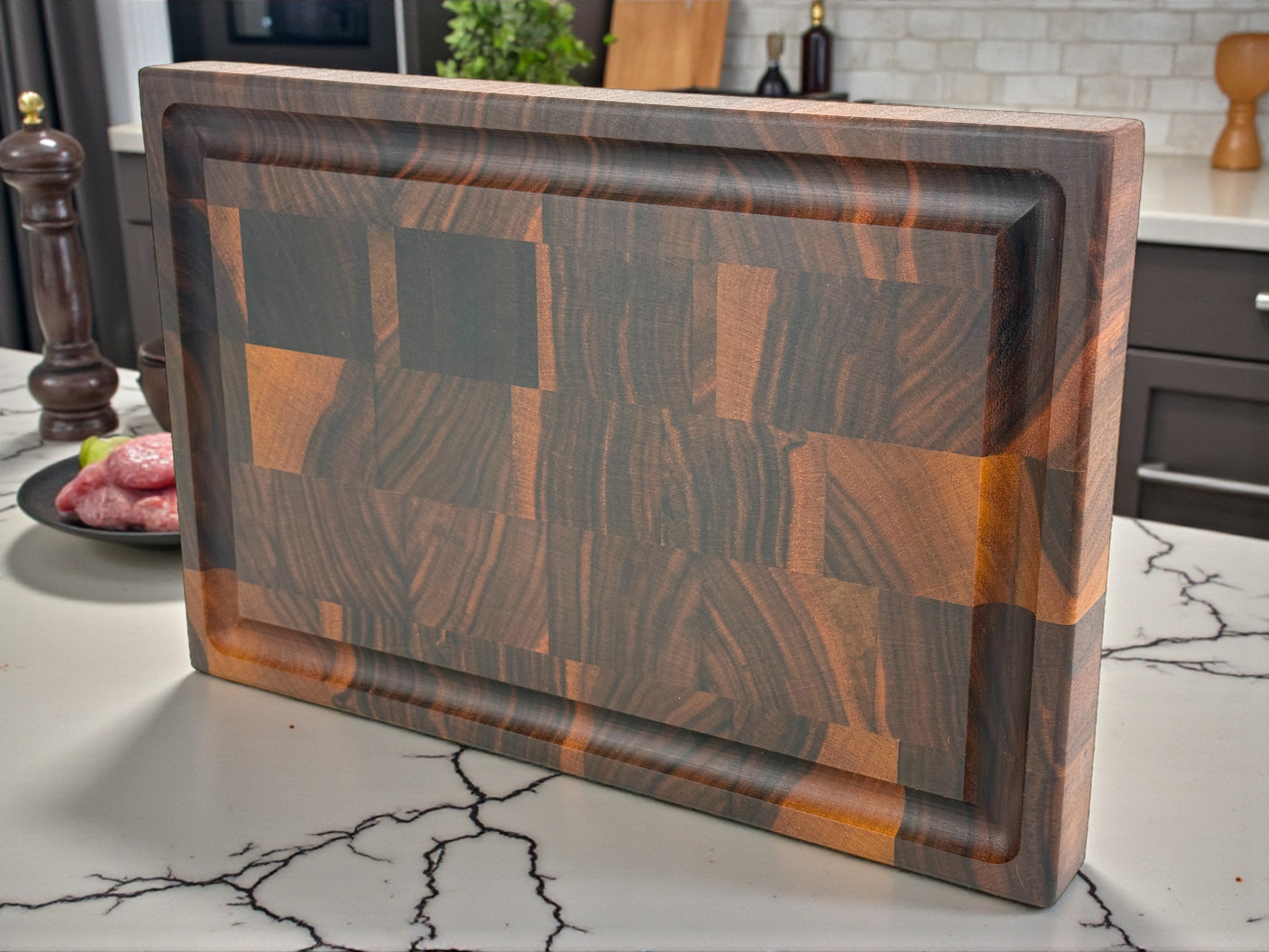 Tocator profesional de bucatarie, Fund din lemn masiv de nuc american, Stil end grain, Super premium, 30x20x3 cm [2]