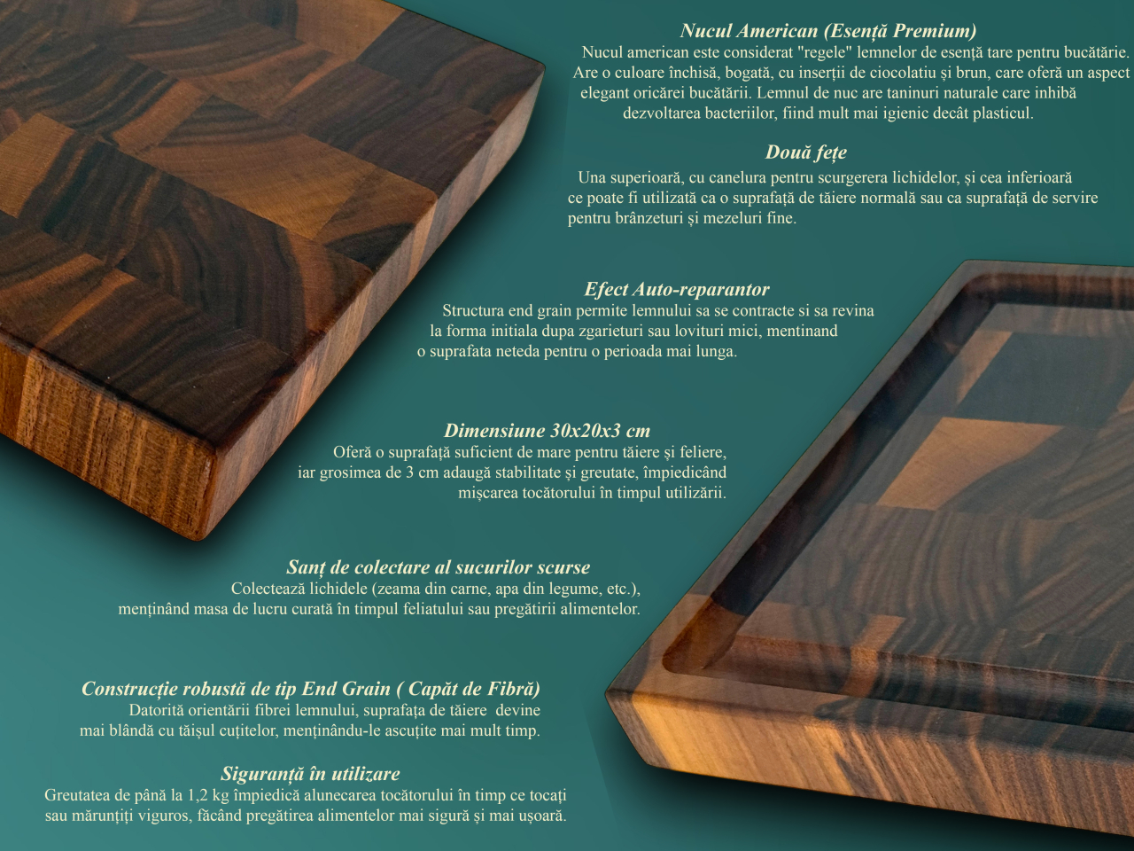 Tocator profesional de bucatarie, Fund din lemn masiv de nuc american, Stil end grain, Super premium, 30x20x3 cm [4]