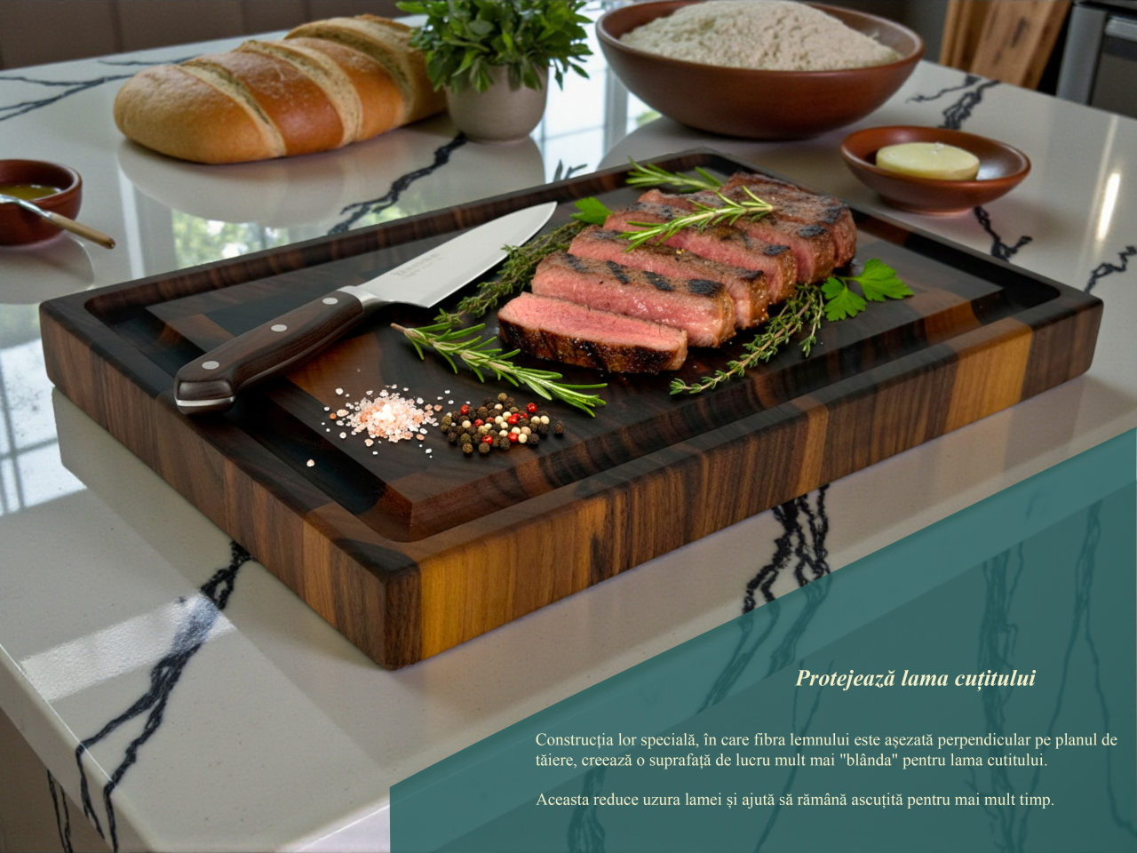 Tocator profesional de bucatarie, Fund din lemn masiv de nuc american, Stil end grain, Super premium, 30x20x3 cm [8]